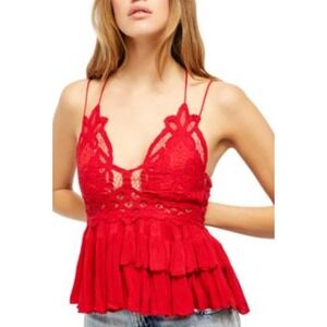 NEW Free People Cherry Red Lace Tank Top Layered‎ Ruffle Sleeveless Blouse XS